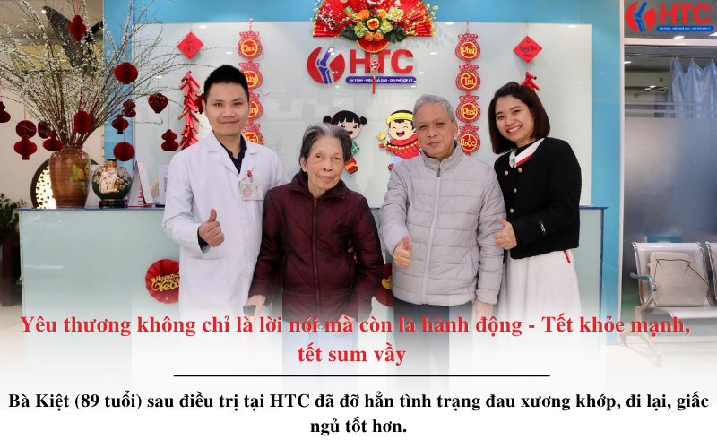 Bà Kiệt (89 tuổi) sau điều trị tại HTC đã đỡ hẳn tình trạng đau xương khớp, đi lại, giấc ngủ tốt hơn.