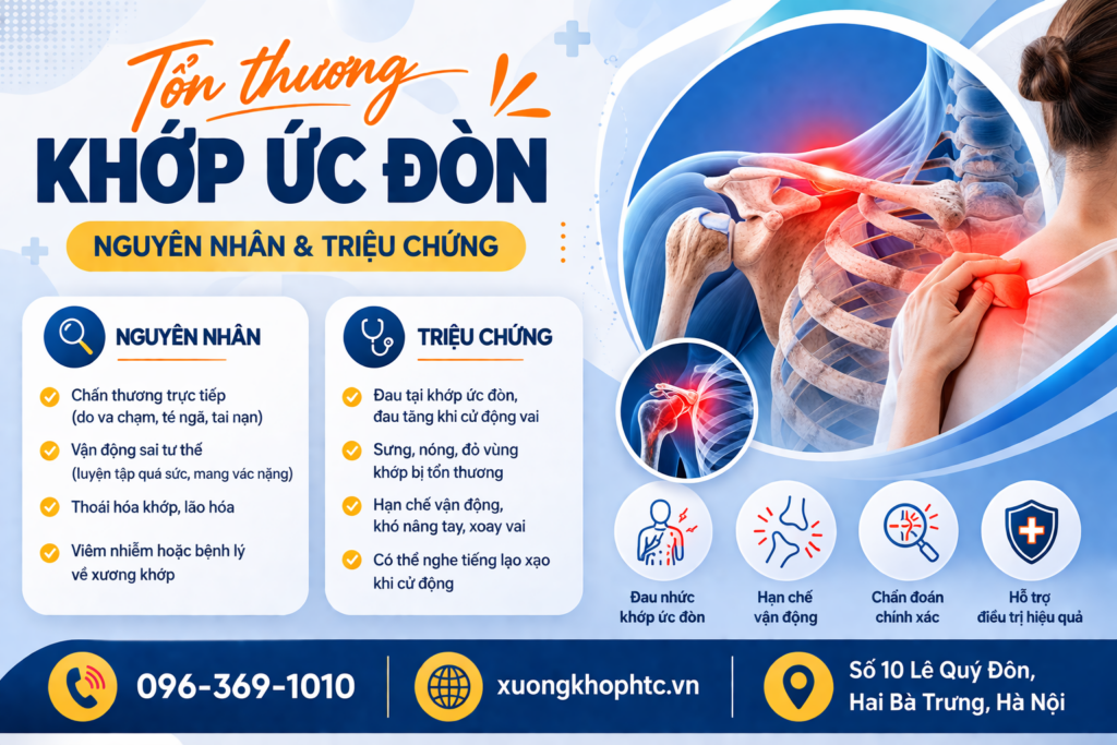 Tổn thương khớp ức đòn (SCJ) là tình trạng đau, viêm hoặc trật khớp nối giữa xương ức và xương đòn, thường do chấn thương (tai nạn, thể thao) gây đau, sưng, hạn chế vận động vai. Dạng tổn thương phổ biến là bong gân, trật khớp trước hoặc sau. Điều trị thường bảo tồn (nghỉ ngơi, chườm lạnh), nhưng trật khớp sau có thể cần can thiệp y tế khẩn cấp do nguy cơ chèn ép cơ quan lân cận.