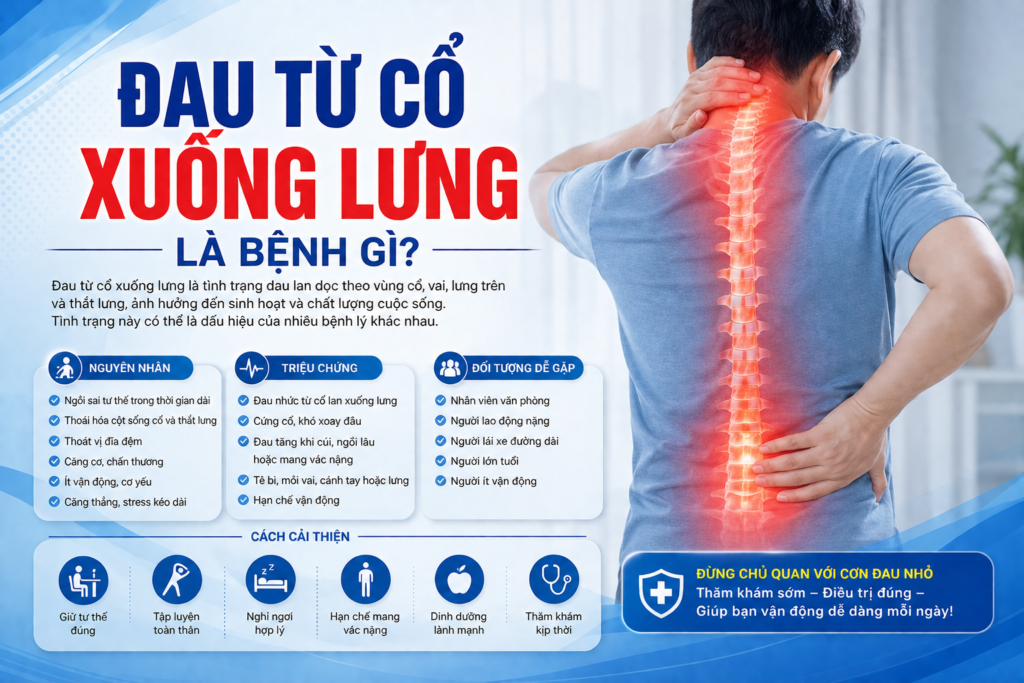 Đau từ cổ xuống lưng là bệnh gì? Nguyên nhân, dấu hiệu và cách cải thiện