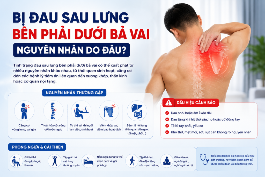 Bị đau sau lưng bên phải dưới bả vai nguyên nhân do đâu?