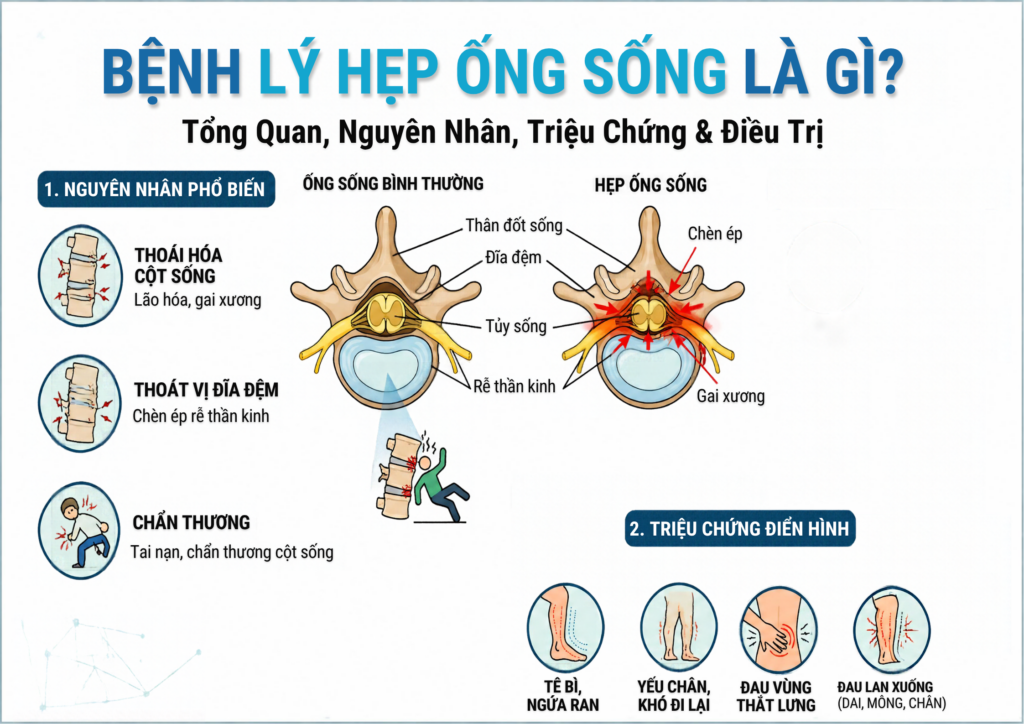 BỆNH LÝ HẸP ỐNG SỐNG LÀ GÌ? TỔNG QUAN, NGUYÊN NHÂN, TRIỆU CHỨNG VÀ ĐIỀU TRỊ