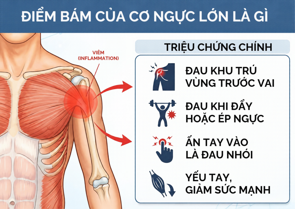 ĐIỂM BÁM CỦA CƠ NGỰC LỚN LÀ GÌ? DẤU HIỆU TỔN THƯƠNG CẦN LƯU Ý